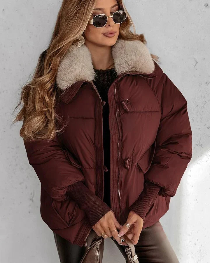 đ„Heta erbjudanden - Snygg kort dunjacka med fluffig krage för kvinnor