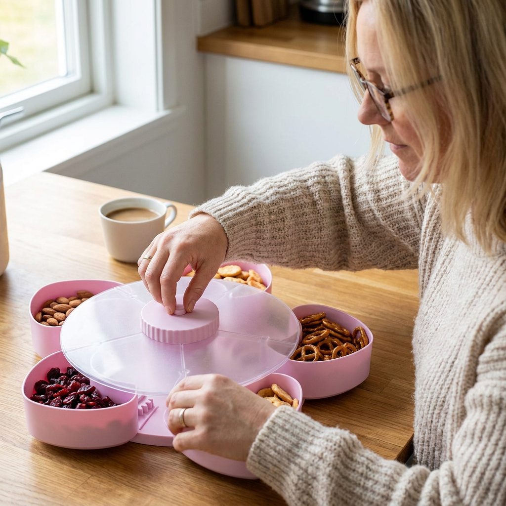 Roterende snackbrett med rom – Roterende serveringsfat for snacks og søtsaker