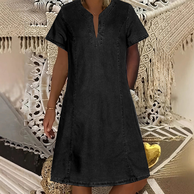 👗 50% RABATT NÅ! 🌸V-hals kortermet denimkjole for kvinner