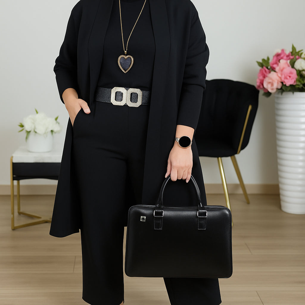 🔥Mest populärt🔥Hemkomfort + Business Elegance Lång kofta, topp och byxor, 3-delat set👚