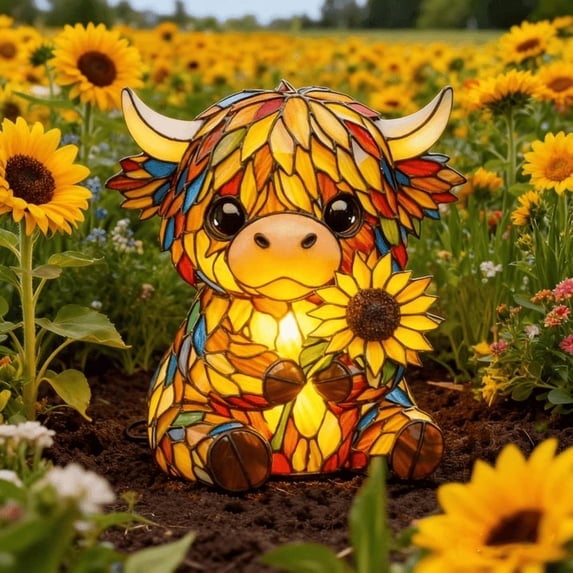 🌻Salg 49 % RABATT - 🐮Kreativ høylandsku med solsikke og LED-nattlys