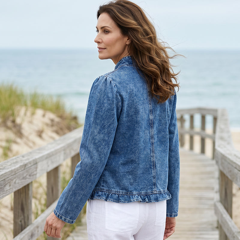 🧥 50 % RABATT NÅ! 🌸 Damedongerijakke med rysjer og åpen front – Lett og feminin – Allsidig og elegant 👗