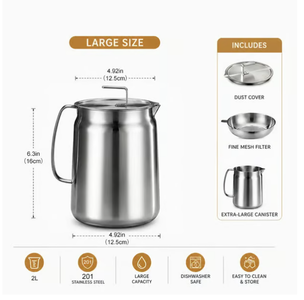 68oz 201 frityrgryte i rustfritt stål med kurv og sil, stor beholder til baconfett for kjøkken, steking, matlaging, camping, oljefilterbeholder - tåler oppvaskmaskin