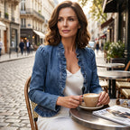 🧥 50 % RABATT NÅ! 🌸 Damedongerijakke med rysjer og åpen front – Lett og feminin – Allsidig og elegant 👗