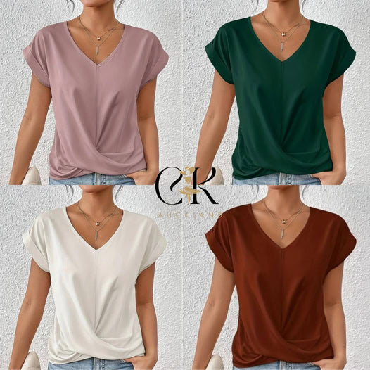 💥STOR REA👚Elegant kortärmad T-shirt med vriden V-ringning