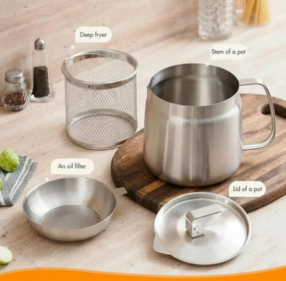 68oz 201 frityrgryte i rustfritt stål med kurv og sil, stor beholder til baconfett for kjøkken, steking, matlaging, camping, oljefilterbeholder - tåler oppvaskmaskin