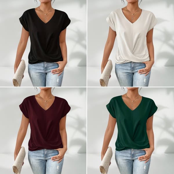 💥STOR REA👚Elegant kortärmad T-shirt med vriden V-ringning