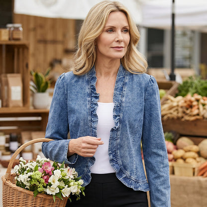🧥 50 % RABATT NÅ! 🌸 Damedongerijakke med rysjer og åpen front – Lett og feminin – Allsidig og elegant 👗