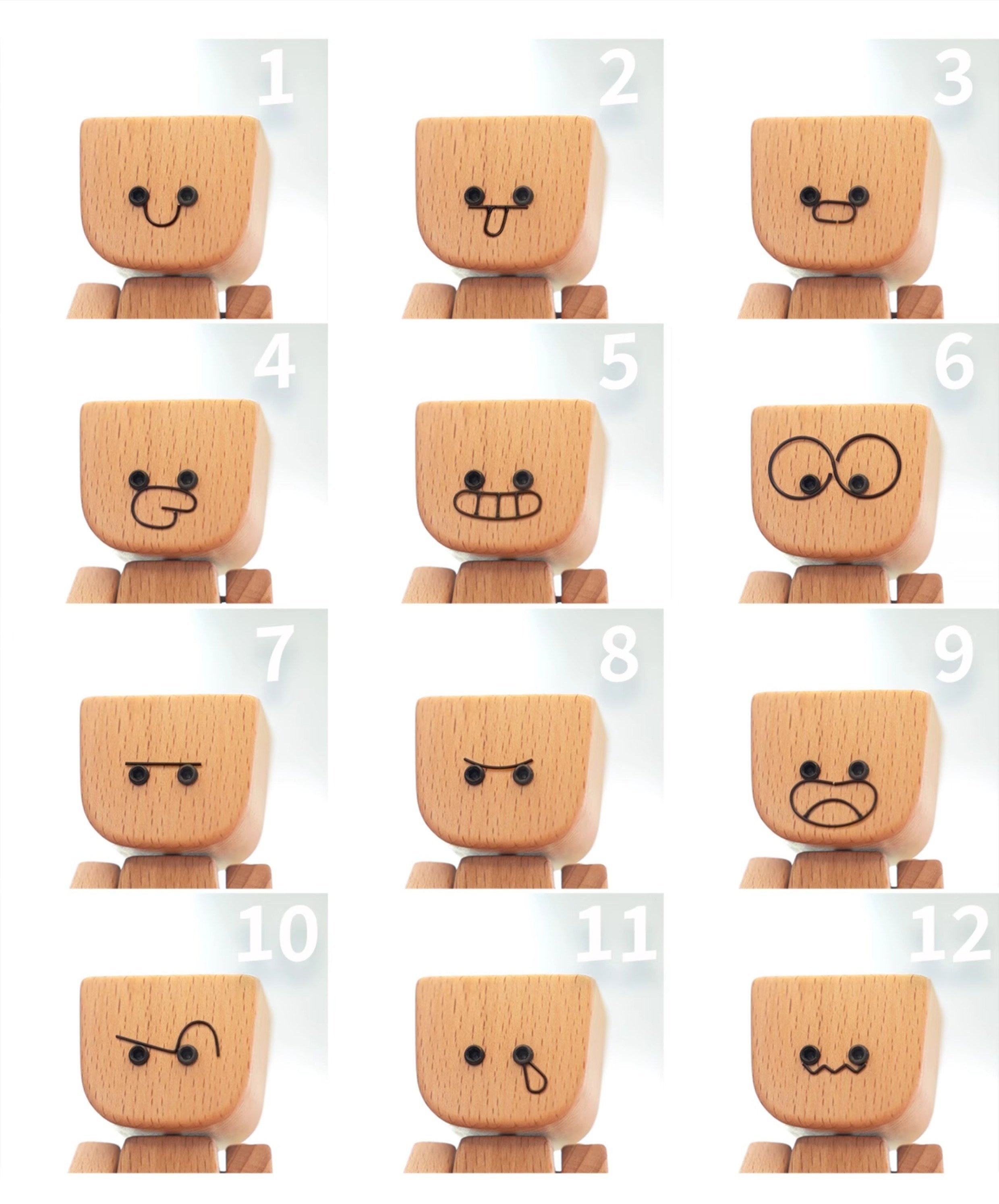 Charmante kleine Holzfigur, die mit 12 magnetischen Ausdr\xc3\xbccken schwankt - 1 St\xc3\xbcck / Enth\xc3\xa4lt 12 Gesichter