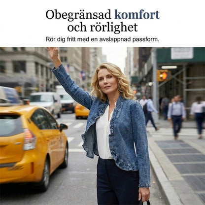 🧥 50 % RABATT NÅ! 🌸 Damedongerijakke med rysjer og åpen front – Lett og feminin – Allsidig og elegant 👗