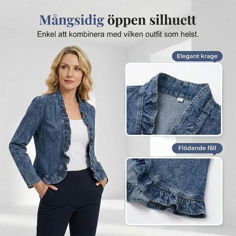 🧥 50 % RABATT NÅ! 🌸 Damedongerijakke med rysjer og åpen front – Lett og feminin – Allsidig og elegant 👗