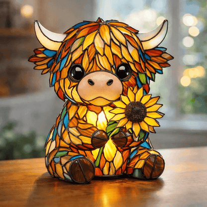 🌻Salg 49 % RABATT - 🐮Kreativ høylandsku med solsikke og LED-nattlys