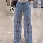 ⚡ 49% REA - TIDSBEGRÄNSAT ERBJUDANDE! ⏱️Lace patchwork ihåliga jeans för kvinnor