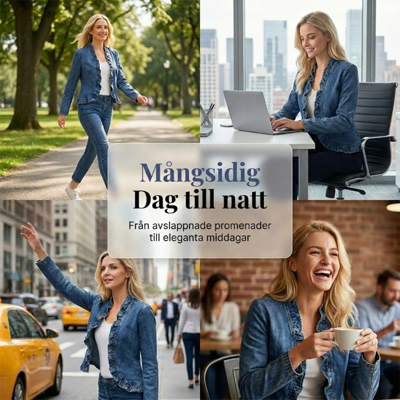 🧥 50 % RABATT NÅ! 🌸 Damedongerijakke med rysjer og åpen front – Lett og feminin – Allsidig og elegant 👗