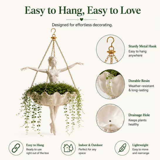 💃 Hengende blomsterpotte med ballettdansermotiv – 🌿Elegant hagedekor til veranda og uteplass