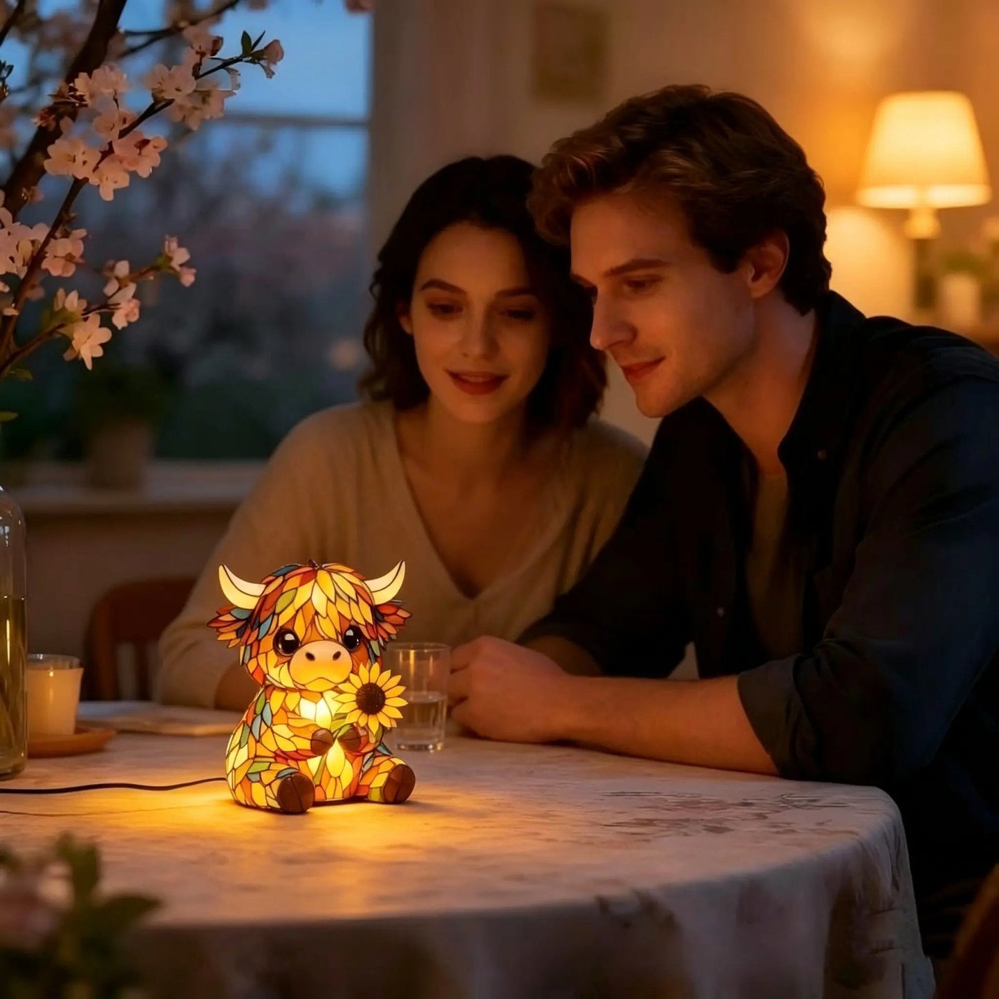 🌻Salg 49 % RABATT - 🐮Kreativ høylandsku med solsikke og LED-nattlys