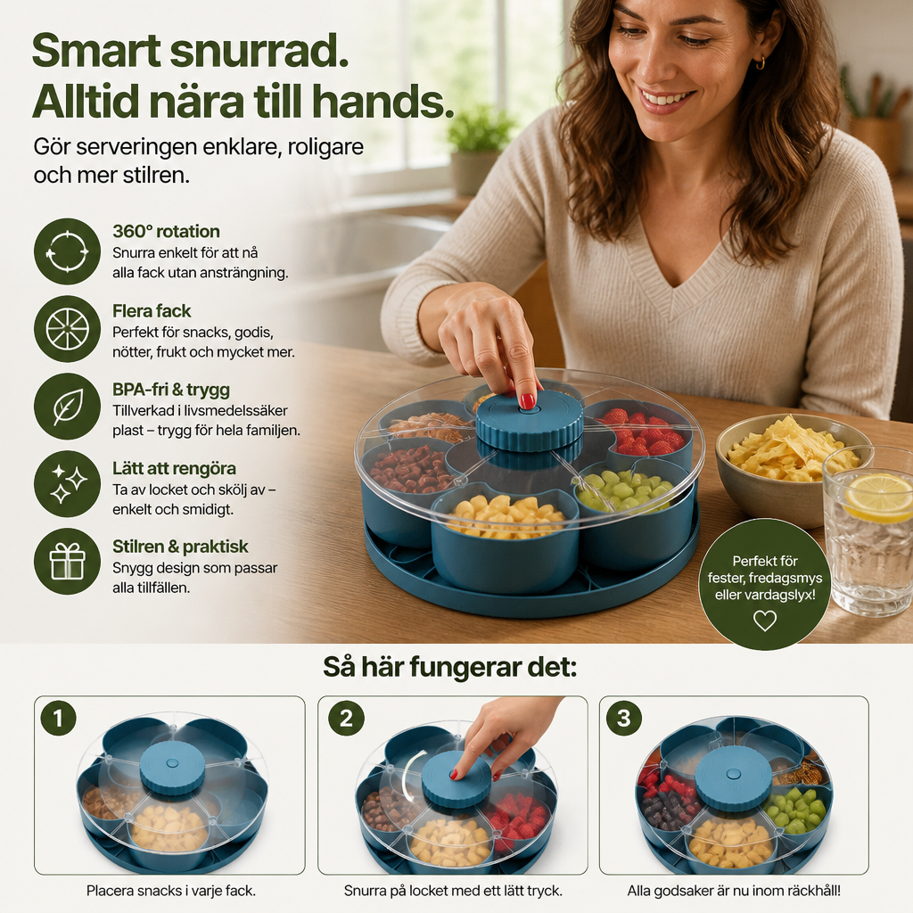 Roterende snackbrett med rom – Roterende serveringsfat for snacks og søtsaker