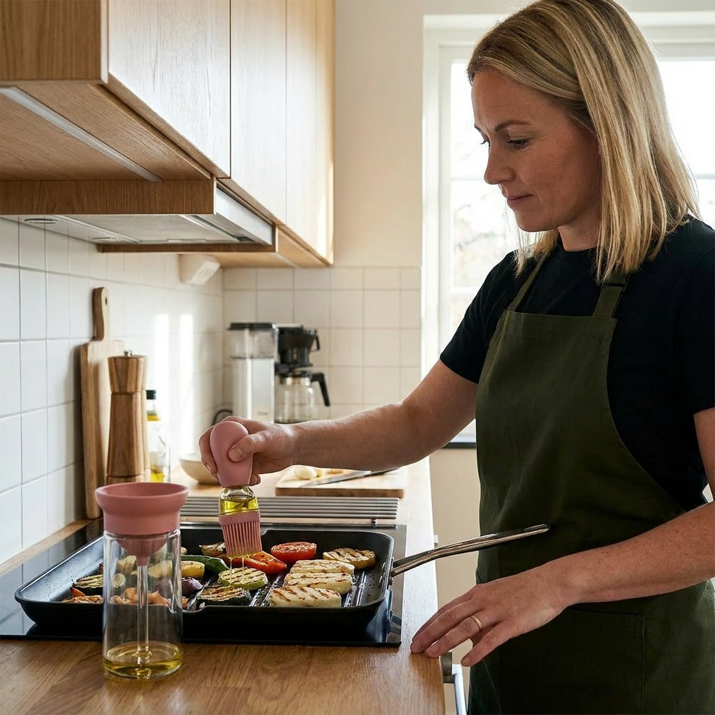 Oljesprøyte med silikonbørste – presis flaske for matlaging, grilling og baking