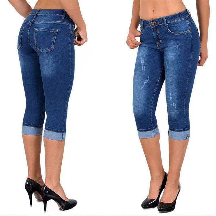 ✅ "2 ST = FRAKTFRIET" Slitna capris-jeans med upprullad fåll