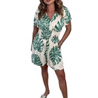 Europeiska och amerikanska gränsöverskridande nya Amazon Aliexpress tryckta V-ringade jumpsuits med kort ärm, dammidjeficka