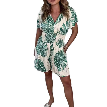 Europeiska och amerikanska gränsöverskridande nya Amazon Aliexpress tryckta V-ringade jumpsuits med kort ärm, dammidjeficka