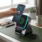 Multifunksjonell Bluetooth-høyttaler – med lys, trådløs ladefunksjon og justerbart mobilstativ