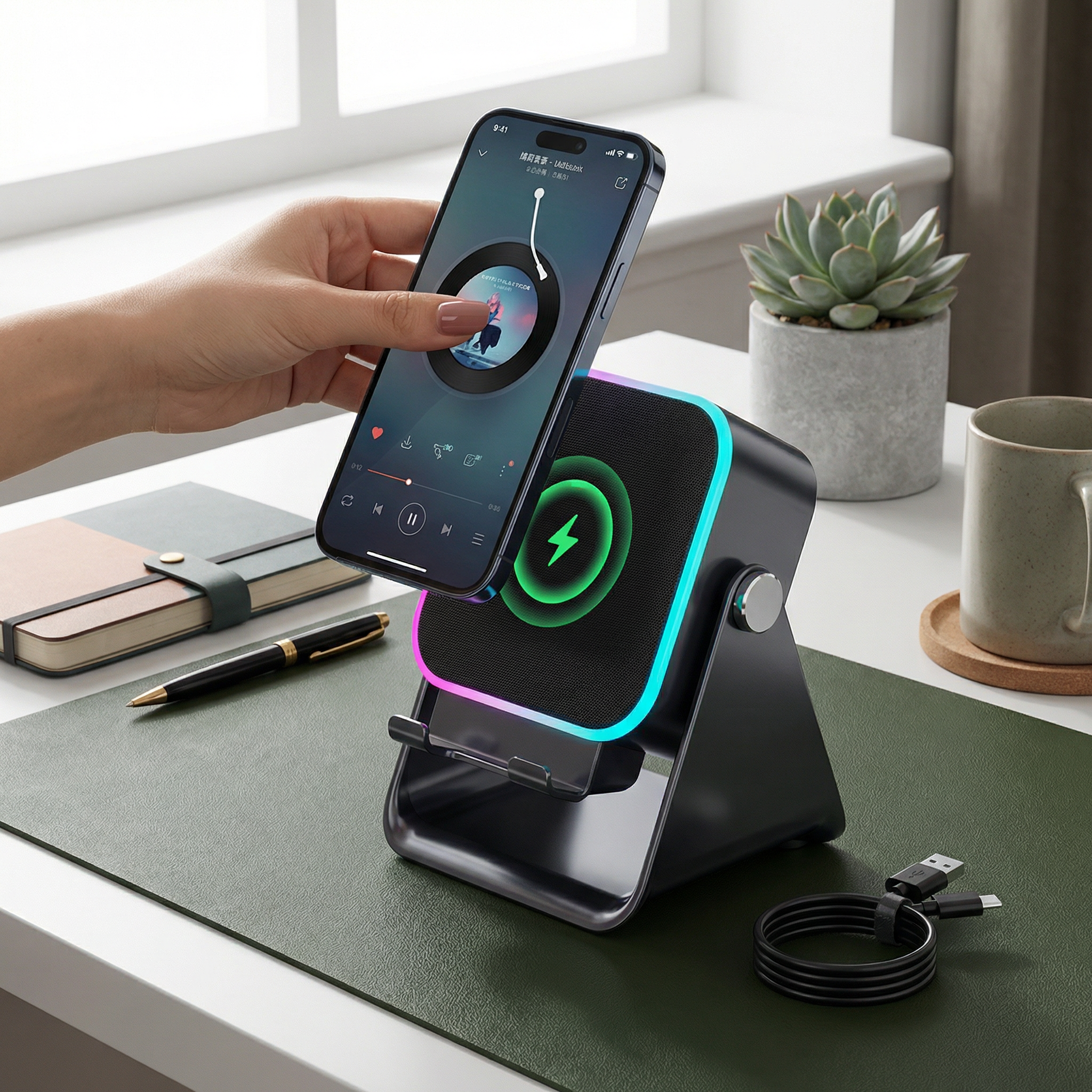Multifunksjonell Bluetooth-høyttaler – med lys, trådløs ladefunksjon og justerbart mobilstativ
