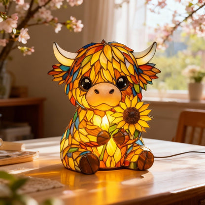 🌻Salg 49 % RABATT - 🐮Kreativ høylandsku med solsikke og LED-nattlys