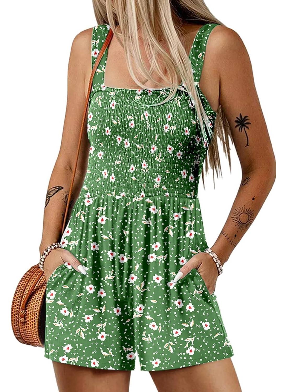 🏝️SISTA DAGENS REA 💃Dam sommarklänning med fyrkantig halsringning, ärmlös, lös, avslappnad, kort smockad sparkdräkt