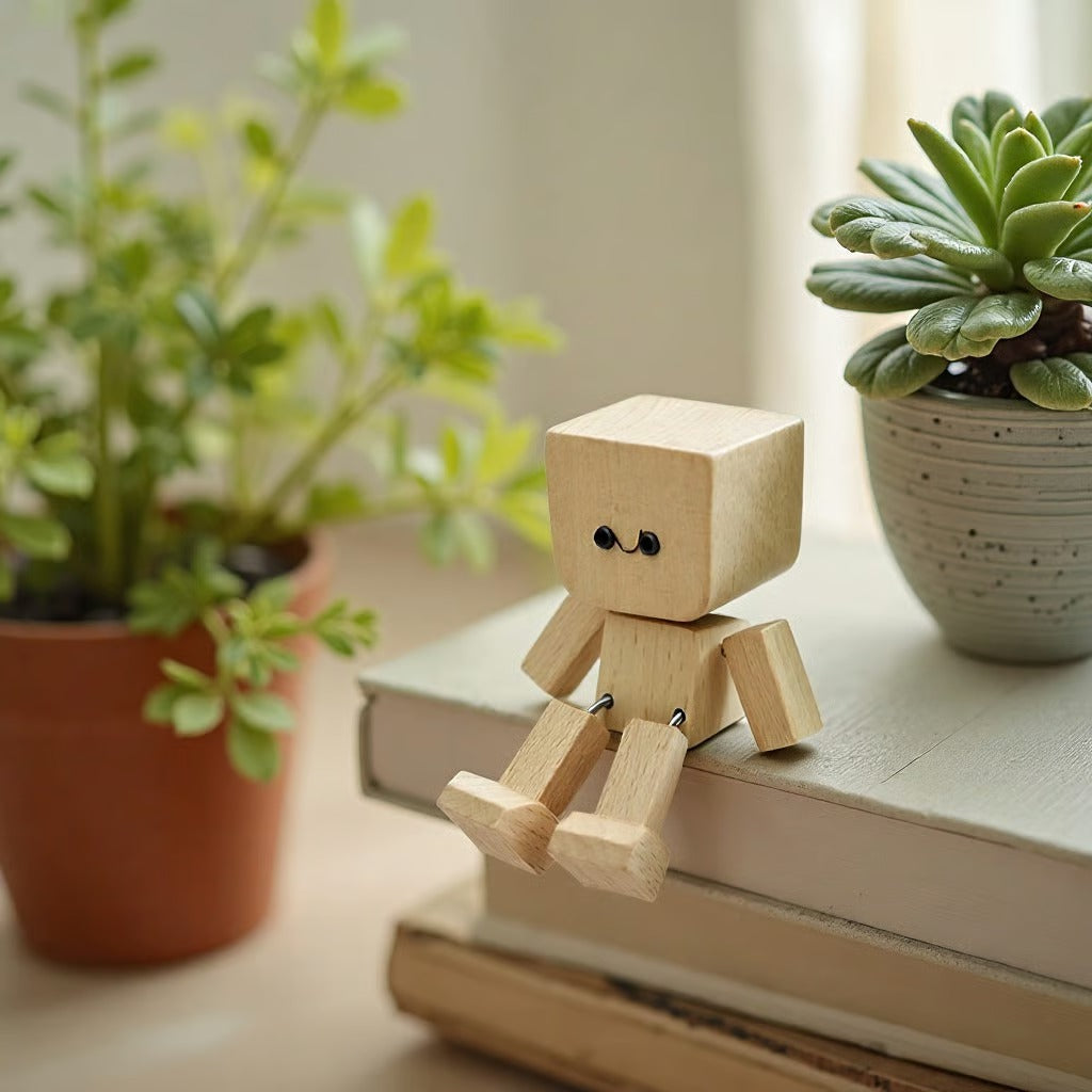 Charmante kleine Holzfigur, die mit 12 magnetischen Ausdrücken schwankt