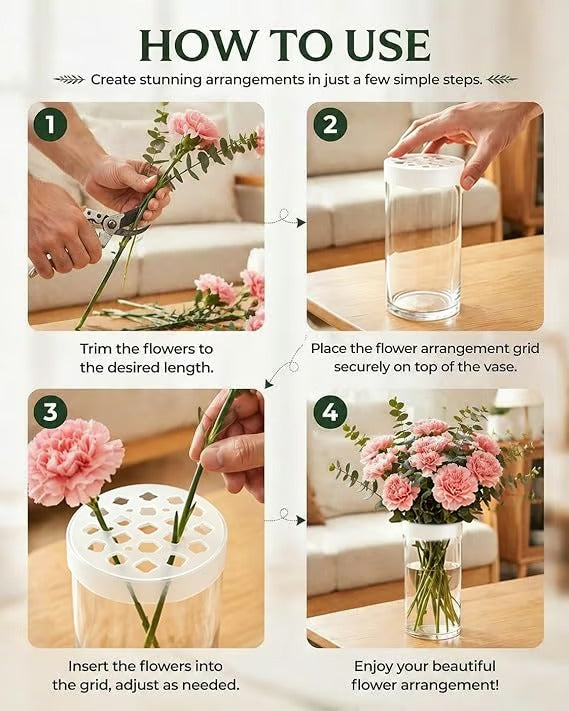 🌸🔥Gjenbrukbart silikongitter til blomsterarrangering, strekker seg over vasens kant, fester seg til glasset, for enkel blomsterarrangering.