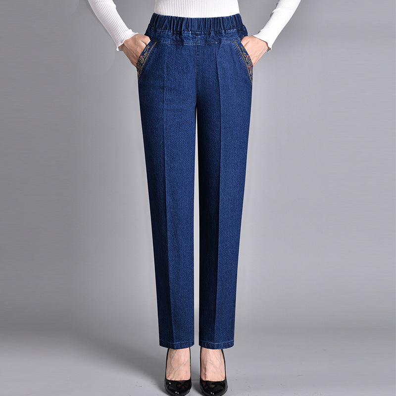 Kvinnors sidfick med full elastisk midja jeans