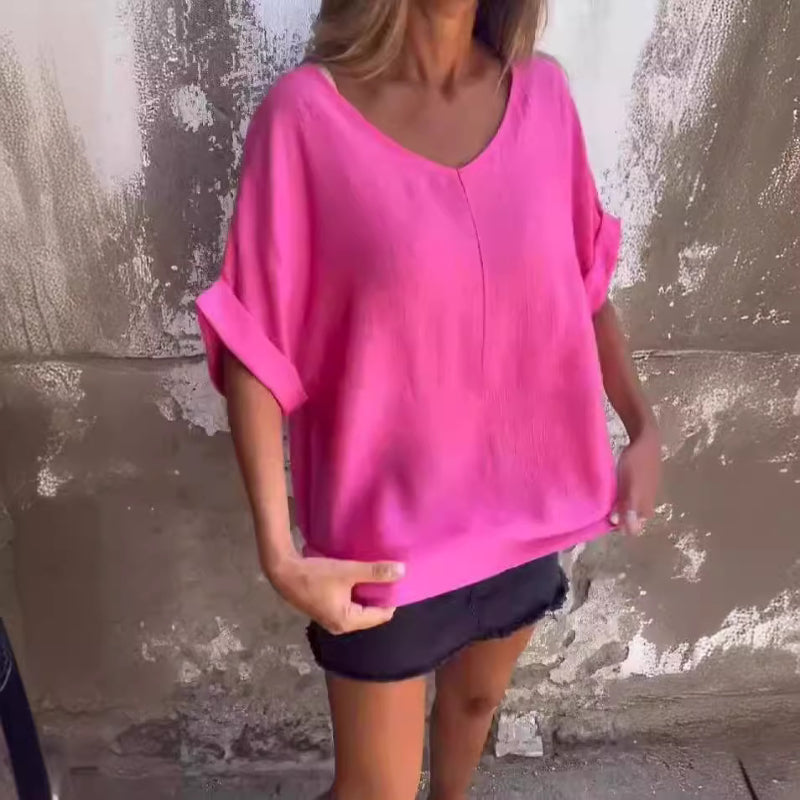 💥🥰T-shirt i bomull och linne med överdimensionerad V-ringning