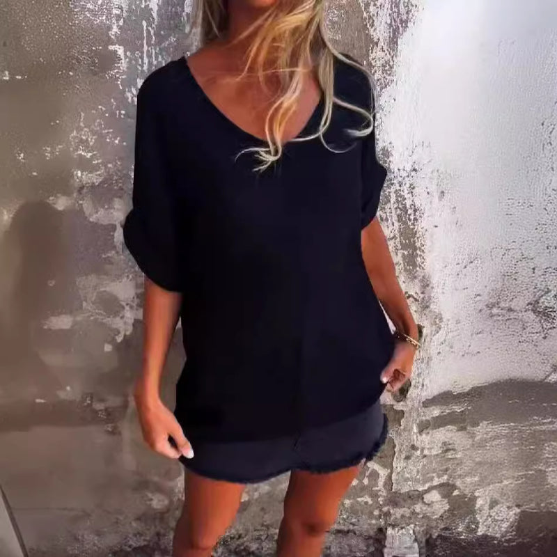 💥🥰T-shirt i bomull och linne med överdimensionerad V-ringning
