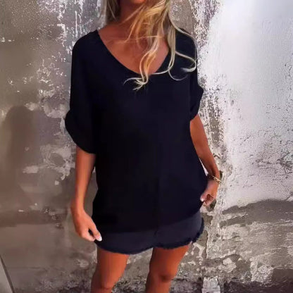 💥🥰T-shirt i bomull och linne med överdimensionerad V-ringning