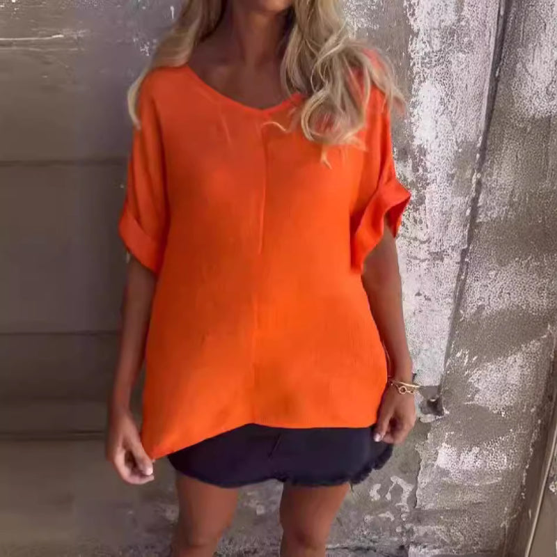 💥🥰T-shirt i bomull och linne med överdimensionerad V-ringning