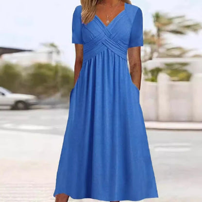 🌸Kvinnors V-ringad Långklänning med Kort Ärm⏳Tidsbegränsad rabatt✈️