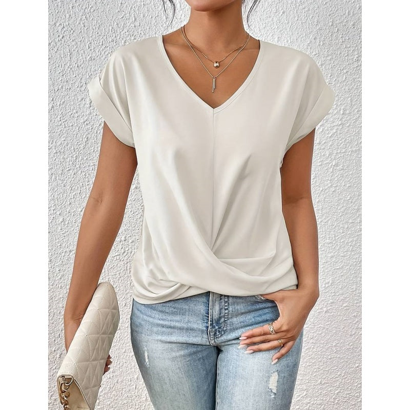 💥STOR REA👚Elegant kortärmad T-shirt med vriden V-ringning