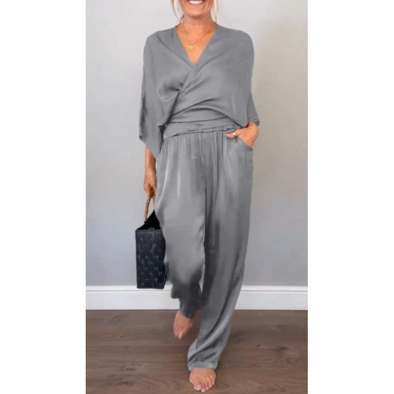💃2-teiliges Damen-Set aus Oberteil und Hose mit V-Ausschnitt und merzerisierter Baumwolle