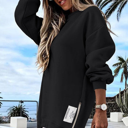 Långärmad tröja med dragkedja och slits, avslappnad sweatshirt