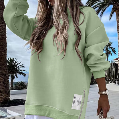 Långärmad tröja med dragkedja och slits, avslappnad sweatshirt