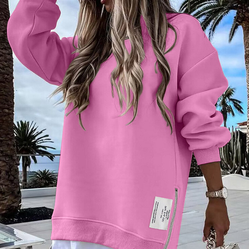 Långärmad tröja med dragkedja och slits, avslappnad sweatshirt