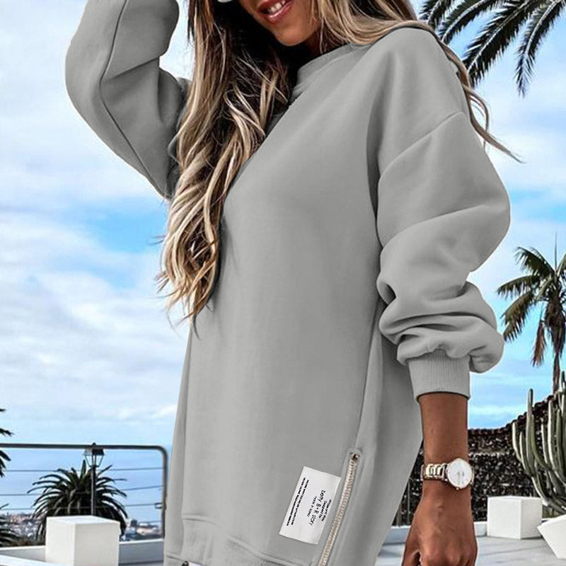 Långärmad tröja med dragkedja och slits, avslappnad sweatshirt