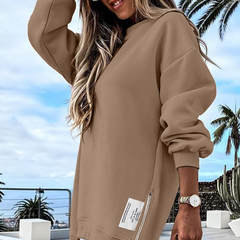 Långärmad tröja med dragkedja och slits, avslappnad sweatshirt