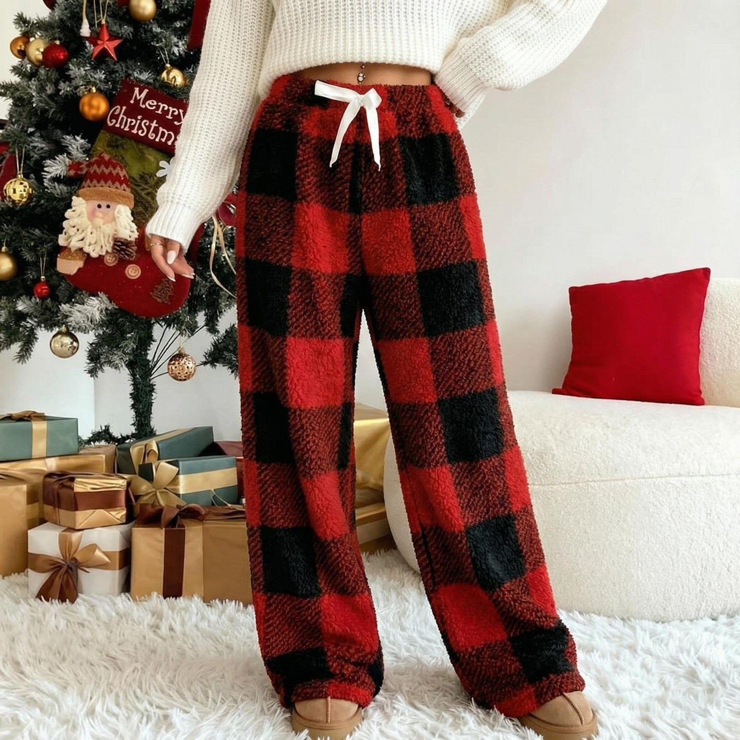 🎅SISTA DAG REA 50% RABATT🔥Vinter Vintage Pläd Elastisk Rak Lös Tjocka Varma Casual Byxor