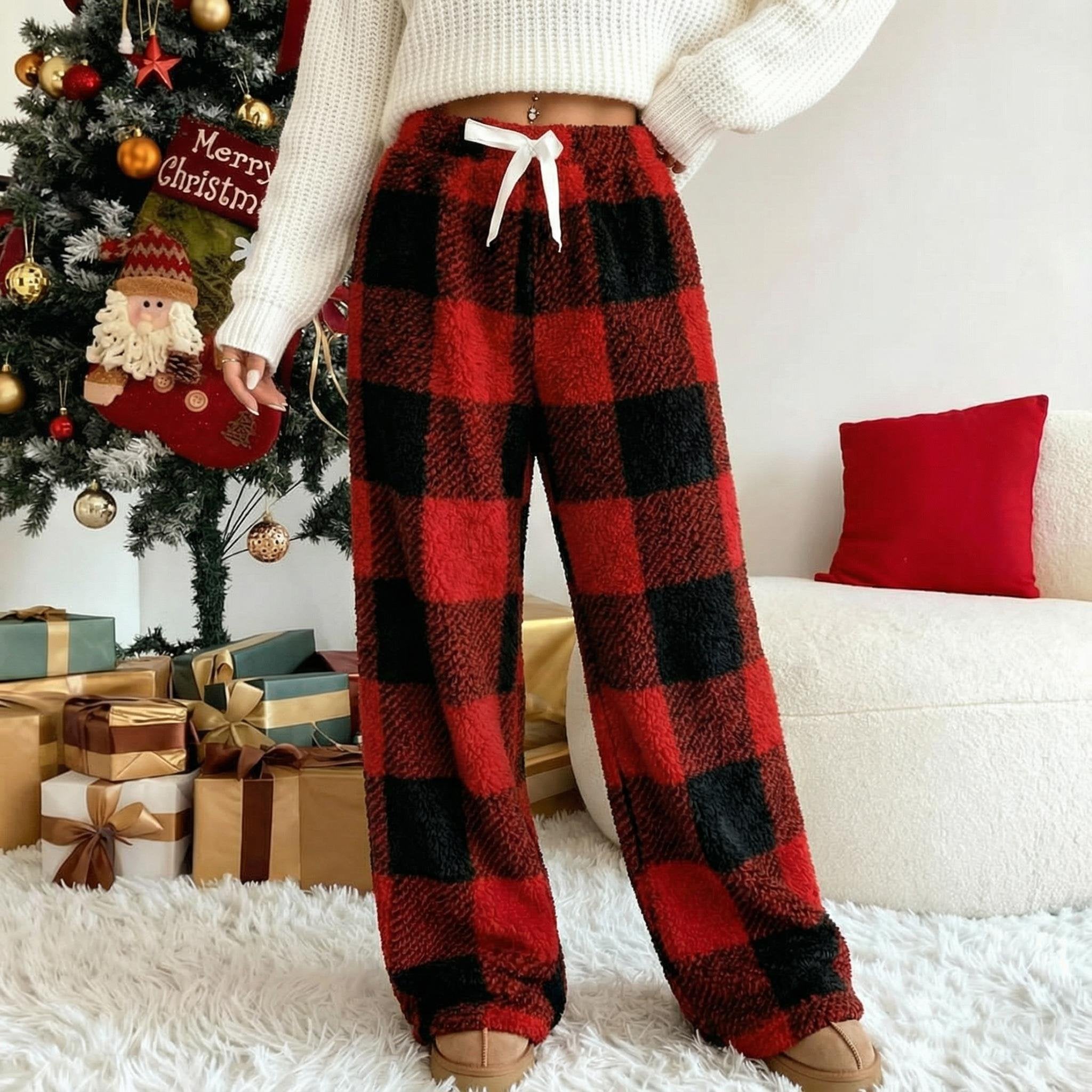 🎅SISTA DAG REA 50% RABATT🔥Vinter Vintage Pläd Elastisk Rak Lös Tjocka Varma Casual Byxor