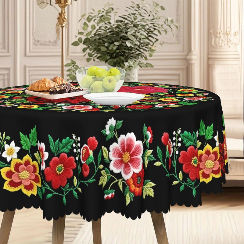 📢📢50 % rabatt – Mexikansk blommig duk med festongkant 🌸✨ Exotisk elegans och fläcktålighet!