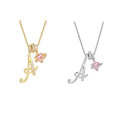 🔥🎁Nyhet 50 % RABATT🔥Halsband med initialbokstav och rosa hjärtcharm