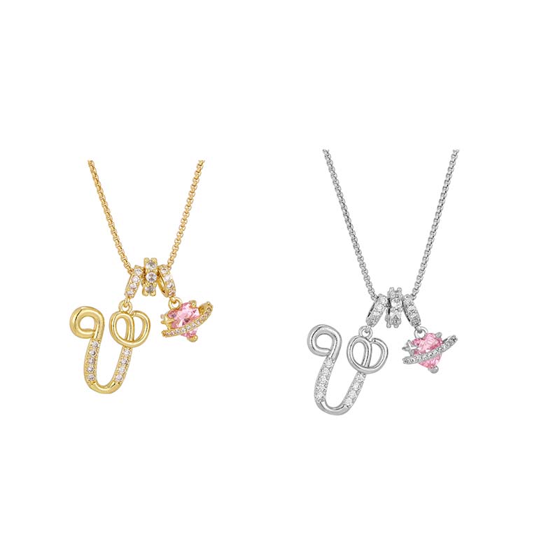 🔥🎁Nyhet 50 % RABATT🔥Halsband med initialbokstav och rosa hjärtcharm
