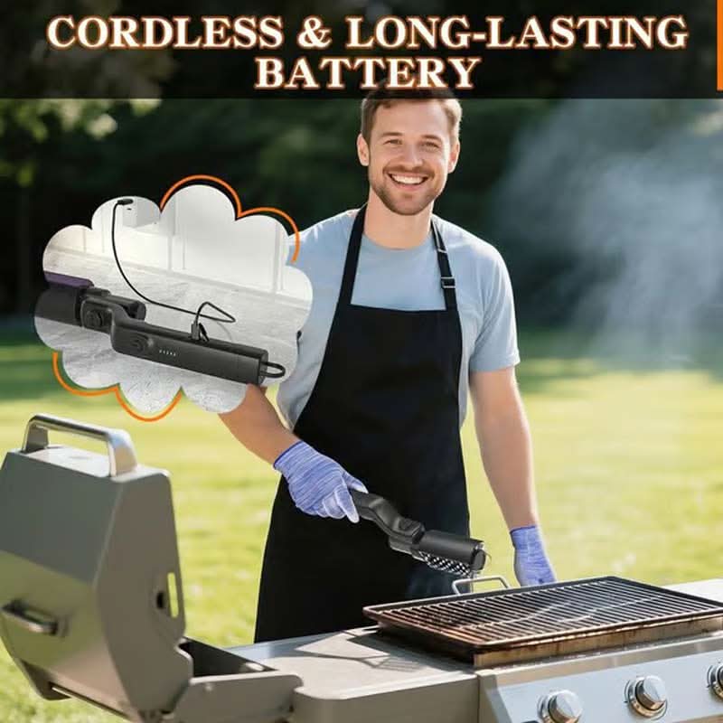🔥 60 % RABATT NÅ! 🍖 Trådløs elektrisk grillbørste – Dyprens, langt håndtak og oppladbar 🔋